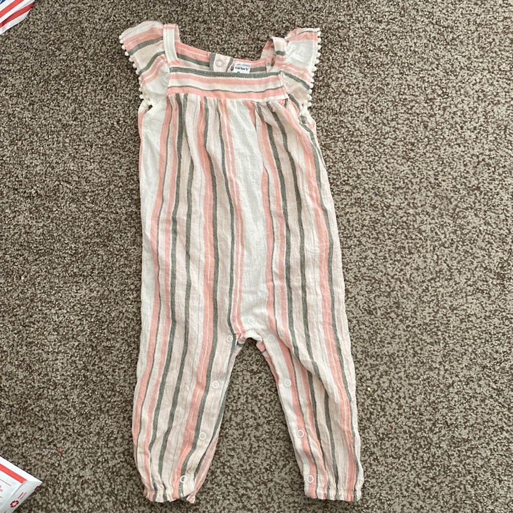 Carter baby girl toddler jumpsuit romper size 9 months pink white grey stripes